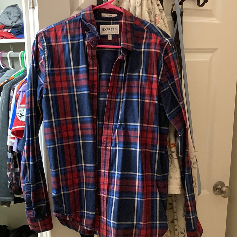 Medium, Fitted, Express Blue, White and Red Dress Shirt